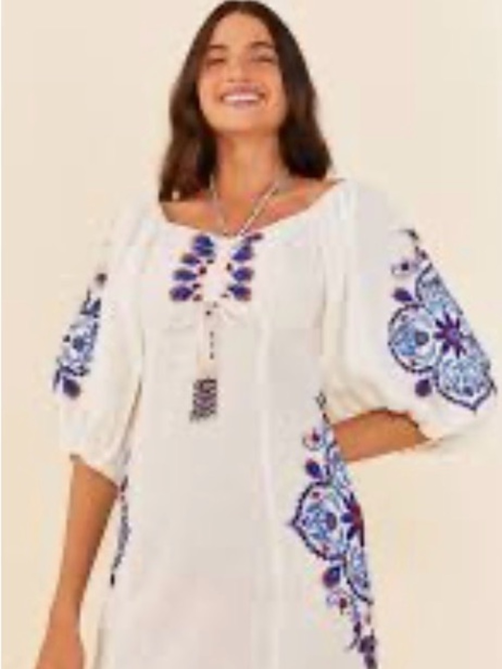 Farm Rio Off-White Navy Embroidery Mini Dress